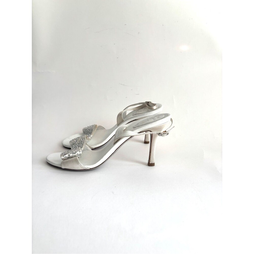 Rene Caovilla Crystal Bow Satin White Heels Bridal Evening Sandals